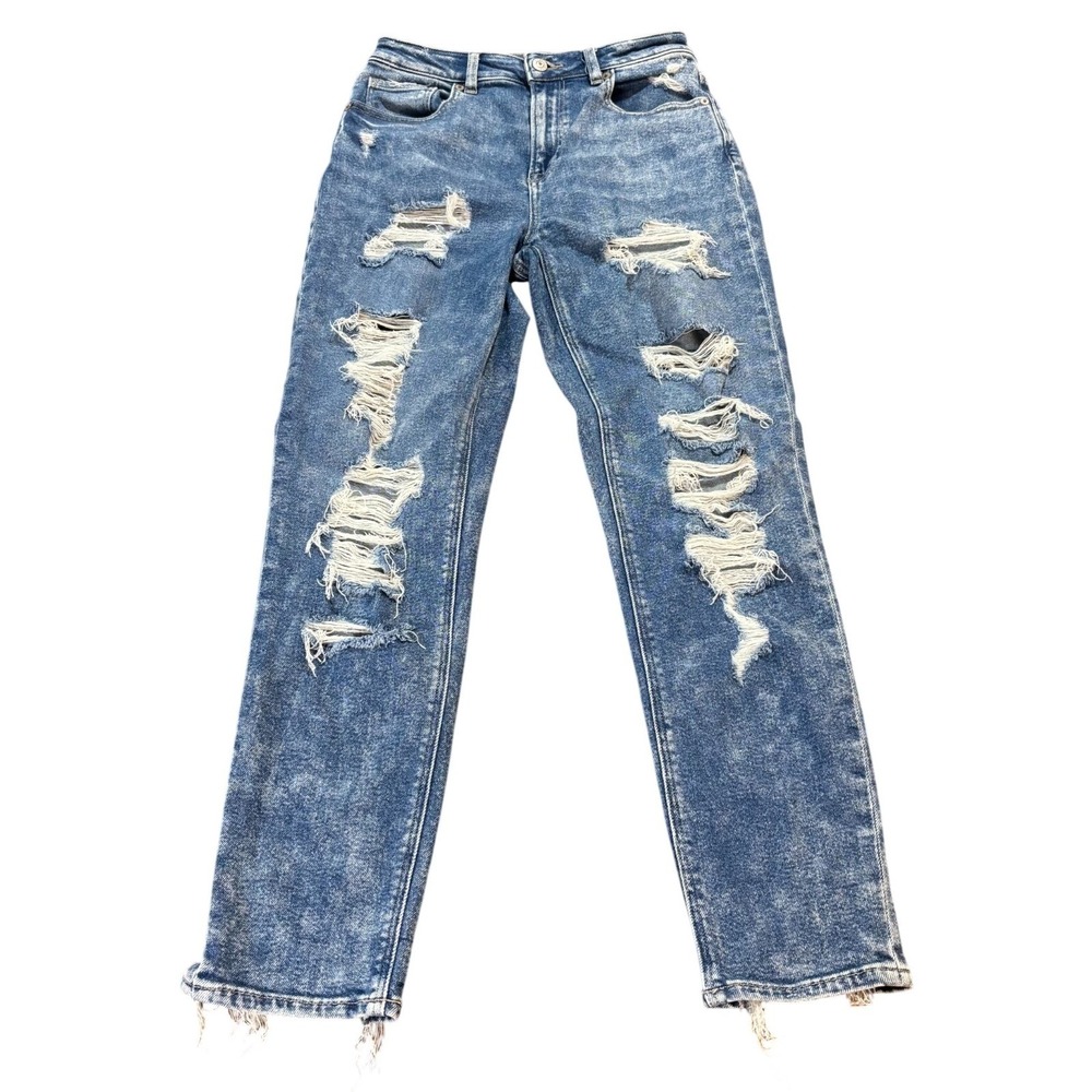 American Eagle Mom Jean High Waisted Distressed Acid‎ Wash Blue Denim Stretch 2R
